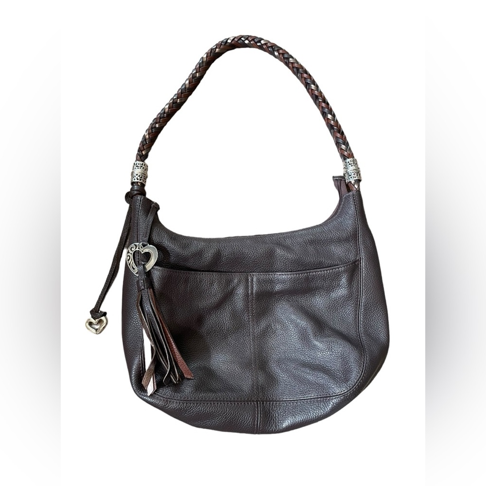 Brighton Barbados Brown Pewter Pebble Leather Zipper Medium Hobo Purse Bag